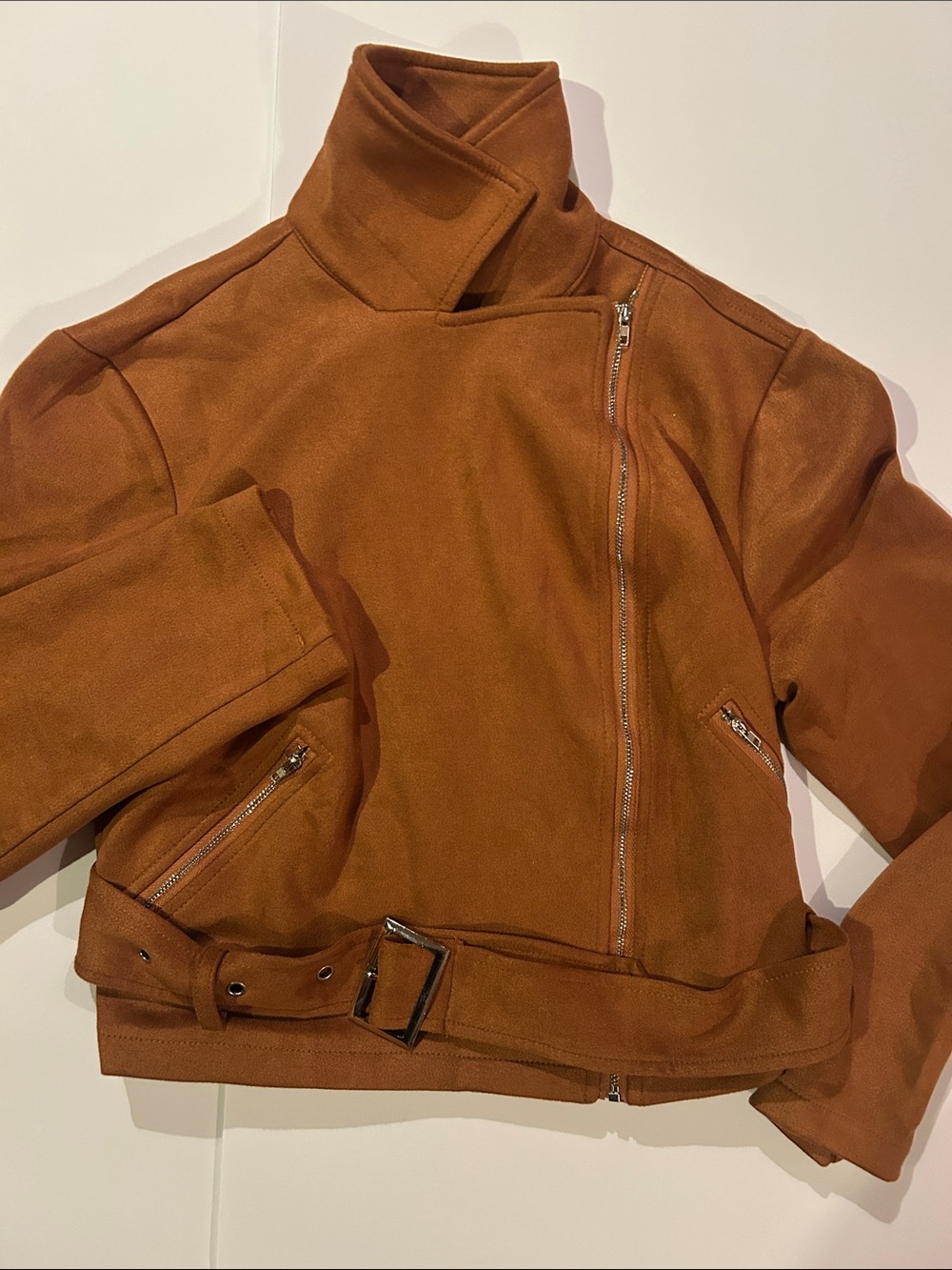SHEIN Rust Brown Asymmetrical Belted Faux-Suede Jacket